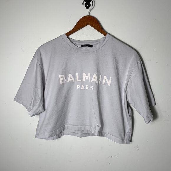 Womens BALMAIN Logo Crop T-shirt in Cotton light blue size S - Picture 2 of 3